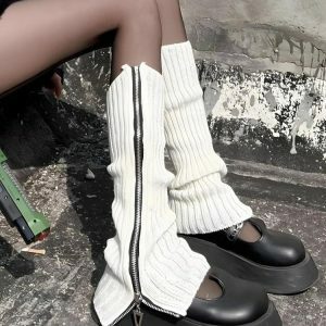 Y2K Grunge Zip-Up Knitted Leg Warmers for Cozy Aesthetic Outfits