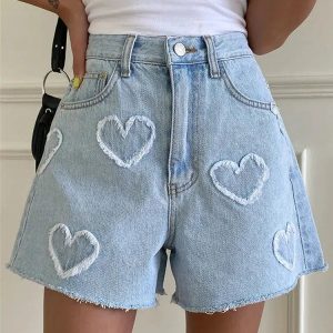 Y2K Heart Patch Denim Shorts - Cute Pastel Goth & Grunge Aesthetic Style