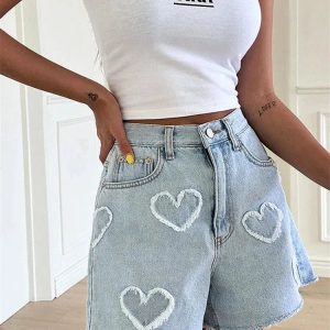 Y2K Heart Patch Denim Shorts - Cute Pastel Goth & Grunge Aesthetic Style