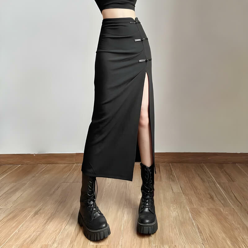 Y2K High Split Midi Pencil Skirt - Grunge & Coquette Aesthetic Style