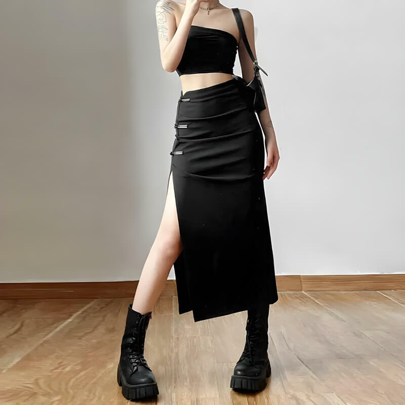 Y2K High Split Midi Pencil Skirt - Grunge & Coquette Aesthetic Style