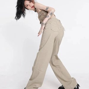 Y2K High Waist Star Pocket Jeans - Trendy Grunge & Coquette Aesthetic