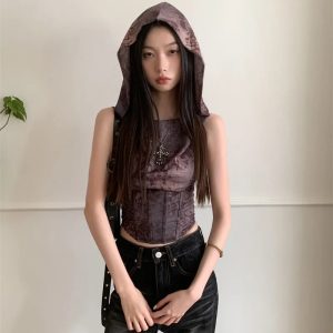 Y2K Hooded Corset Top - Cute Grunge Aesthetic & Coquette Style