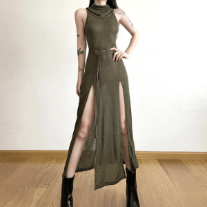 Y2K Hooded Slit Maxi Dress - Grunge Aesthetic & Coquette Style