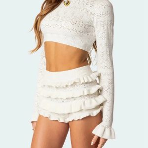 Y2K Knitted Crop Top & Ruffled Shorts Set - Cute Coquette Aesthetic Outfit