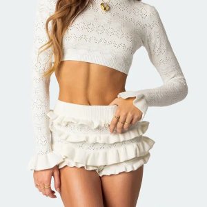 Y2K Knitted Crop Top & Ruffled Shorts Set - Cute Coquette Aesthetic Outfit