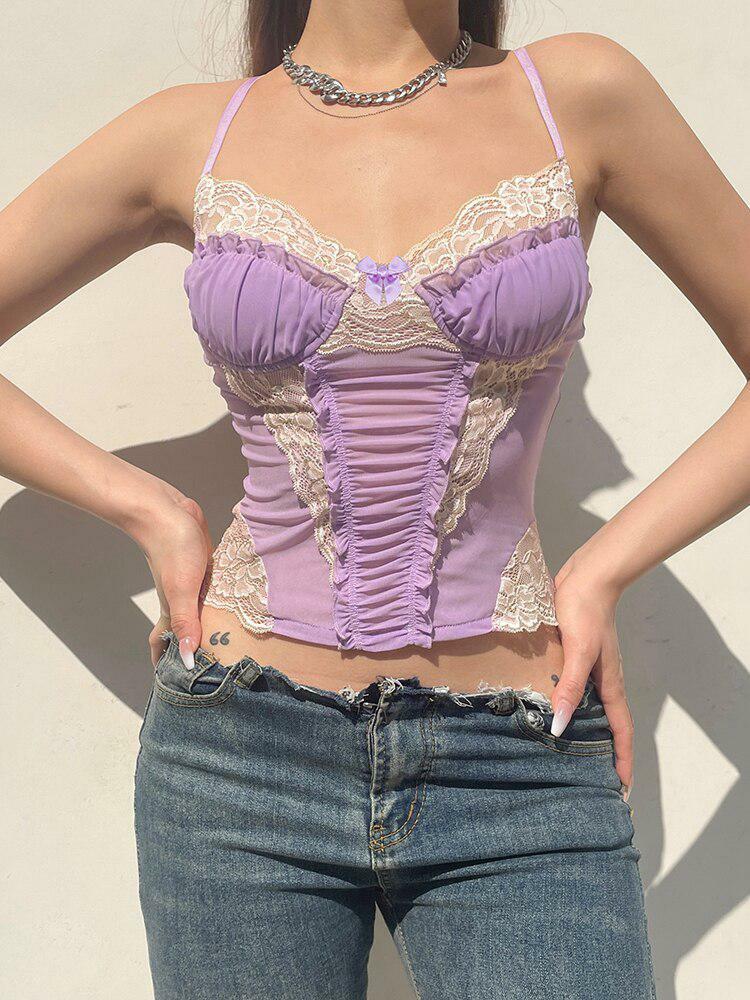 Y2K Lace Strap Crop Top - Cute Pastel Goth & Coquette Aesthetic Style