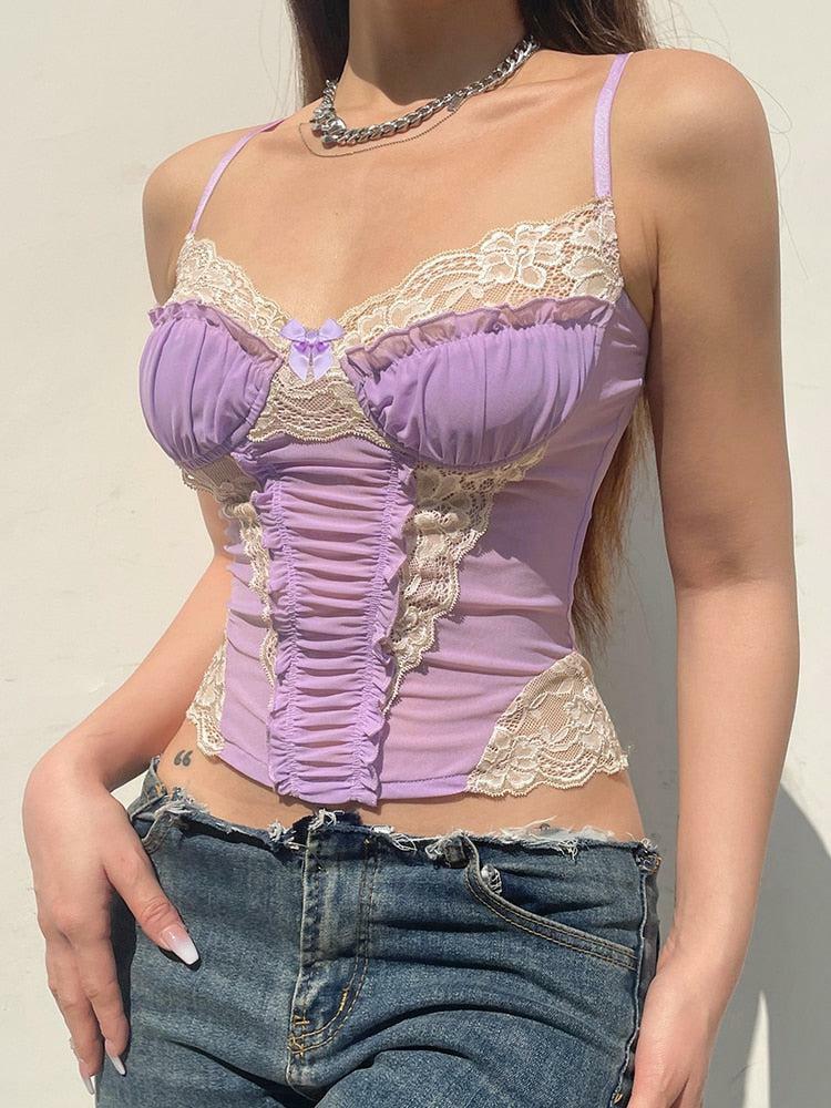 Y2K Lace Strap Crop Top - Cute Pastel Goth & Coquette Aesthetic Style