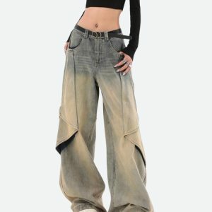 Y2K Layered Denim Skater Jeans - Grunge Aesthetic & Cute Tops Style