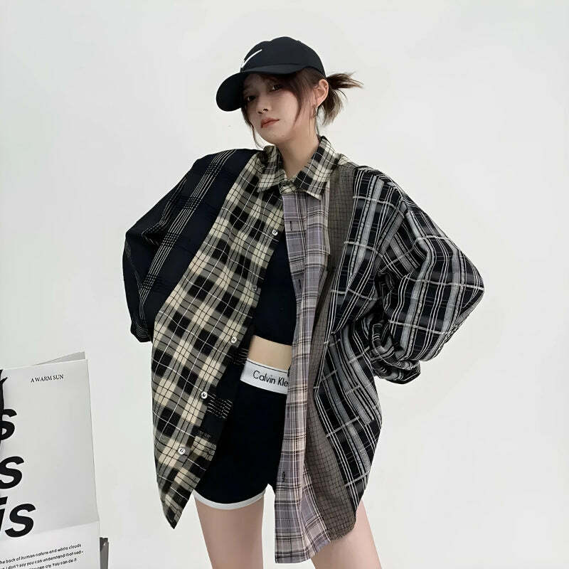 Y2K Multi-Pattern Plaid Shirt: Grunge Aesthetic & Coquette Style