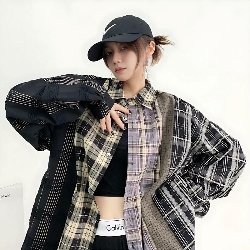 Y2K Multi-Pattern Plaid Shirt: Grunge Aesthetic & Coquette Style