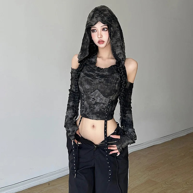 Y2K Off Shoulder Hooded Top - Grunge Aesthetic & Coquette Style