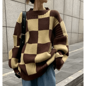 Y2K Oversized Checkered Sweater - Grunge Aesthetic & Cute Tops