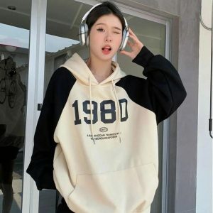 Y2K Oversized Patchwork Hoodie - Grunge Aesthetic & Cute Tops Style