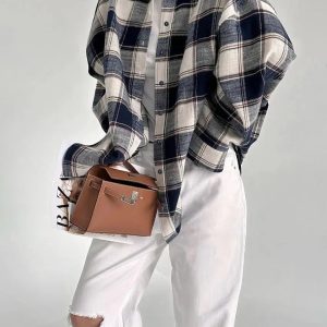 Y2K Oversized Plaid Shirt - Grunge Aesthetic & Coquette Style Top