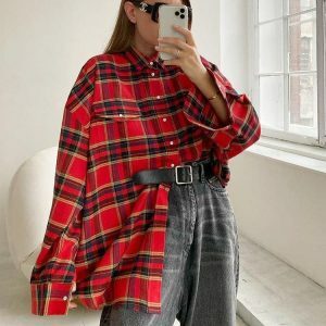 Y2K Oversized Plaid Shirt - Grunge Aesthetic & Coquette Style Top