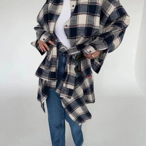 Y2K Oversized Plaid Shirt - Grunge Aesthetic & Coquette Style Top