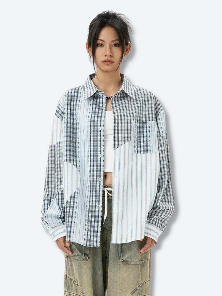 Y2K Patchwork Striped & Plaid Shirt - Grunge Aesthetic Cute Top