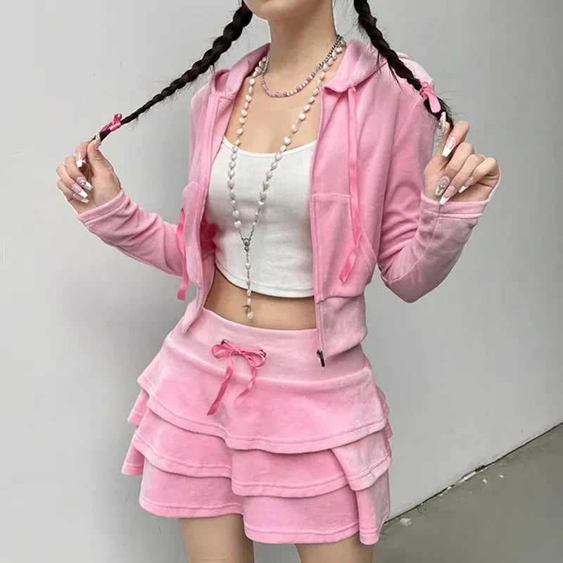 Y2K Pink Aesthetic Cargo Skirt & Hoodie Set for Trendy Outfits