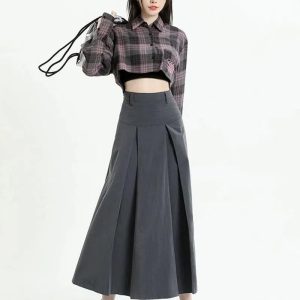 Y2K Pleated A-Line Midi Skirt - Coquette & Grunge Aesthetic Fashion