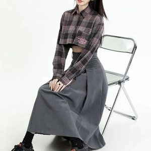 Y2K Pleated A-Line Midi Skirt - Coquette & Grunge Aesthetic Fashion