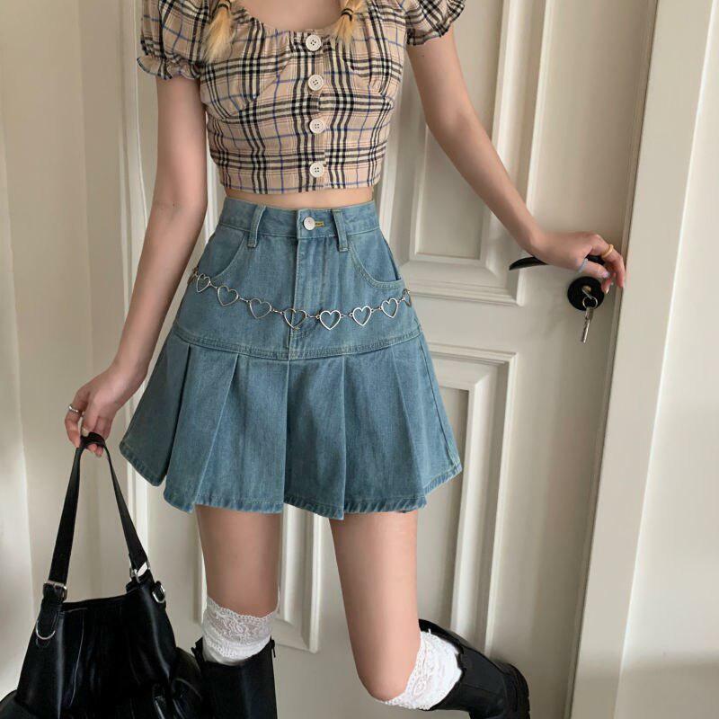 Y2K Pleated Denim Mini Skirt - Cute Pastel Goth & Grunge Aesthetic