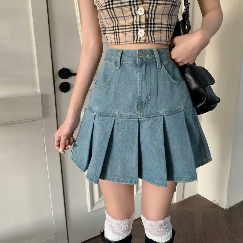 Y2K Pleated Denim Mini Skirt - Cute Pastel Goth & Grunge Aesthetic