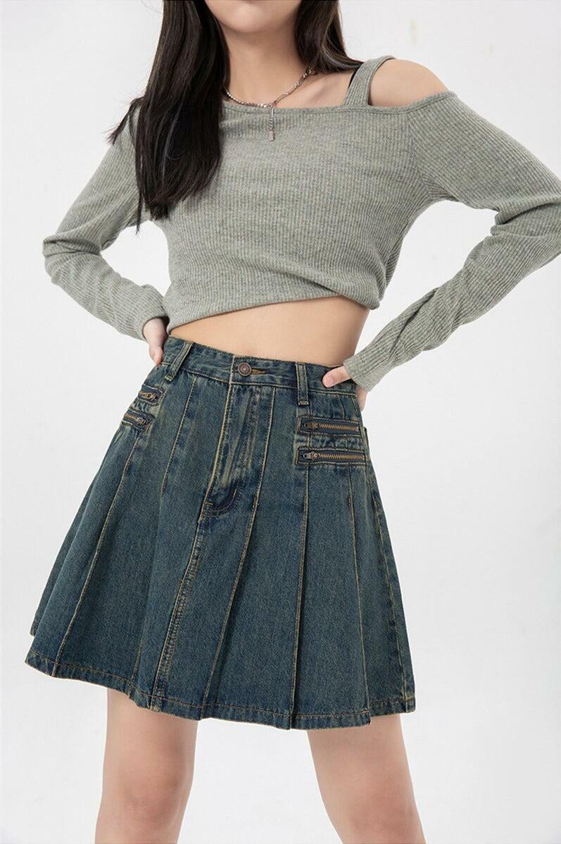 Y2K Pleated Denim Mini Skirt - Grunge Aesthetic & Coquette Style Outfit