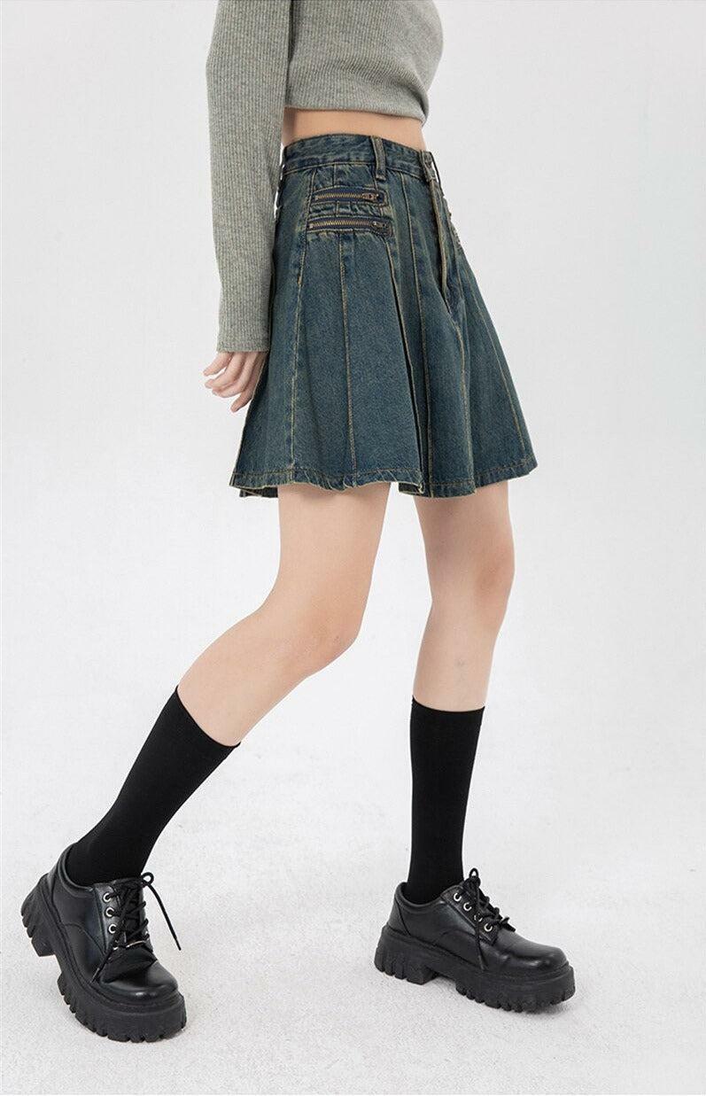 Y2K Pleated Denim Mini Skirt - Grunge Aesthetic & Coquette Style Outfit