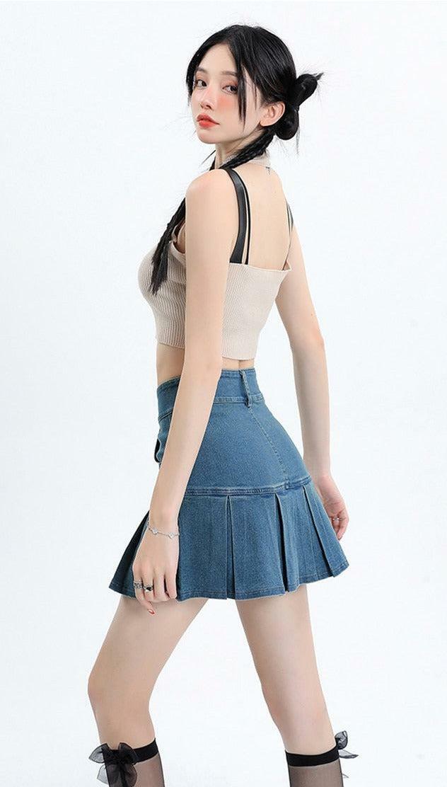 Y2K Pleated Jean Mini Skort - Cute Tops for Coquette & Grunge Aesthetic