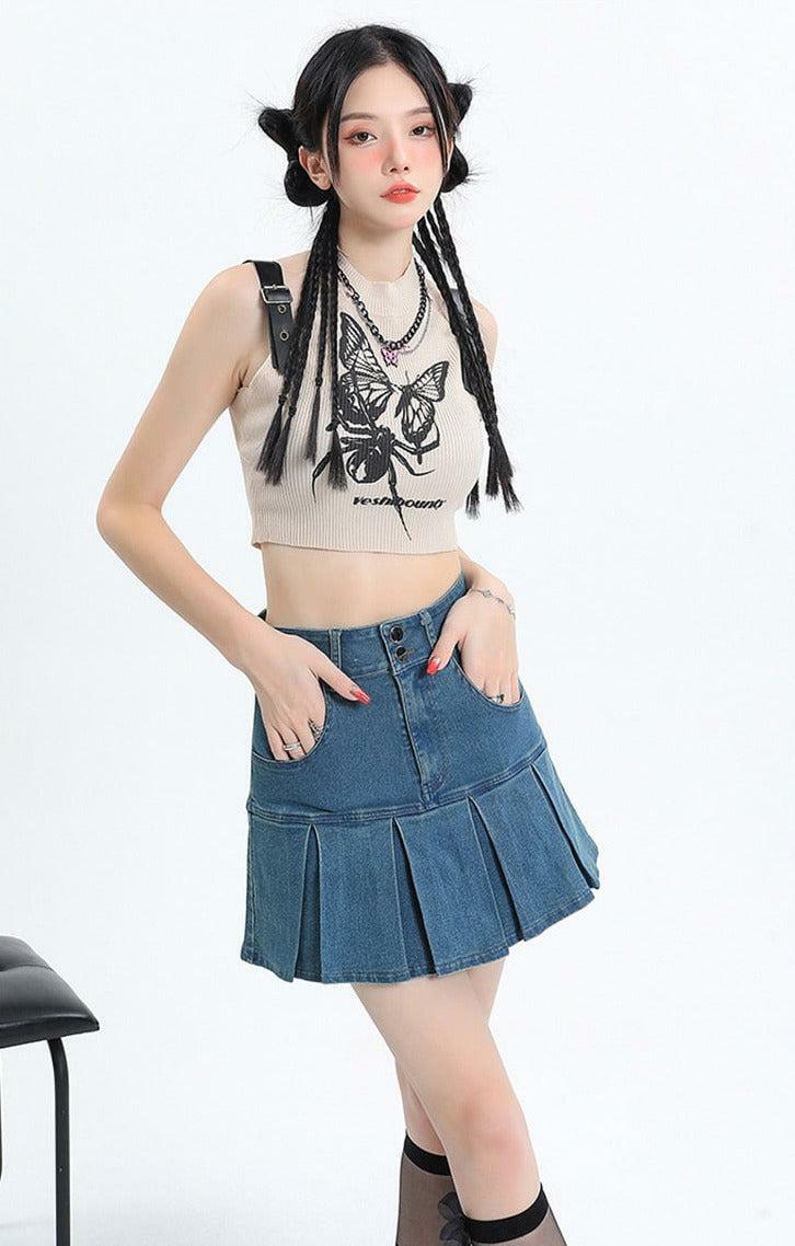 Y2K Pleated Jean Mini Skort - Cute Tops for Coquette & Grunge Aesthetic