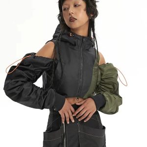 Y2K Ruched Sleeve Puffer Jacket - Grunge Aesthetic & Coquette Style