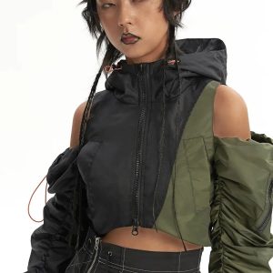 Y2K Ruched Sleeve Puffer Jacket - Grunge Aesthetic & Coquette Style