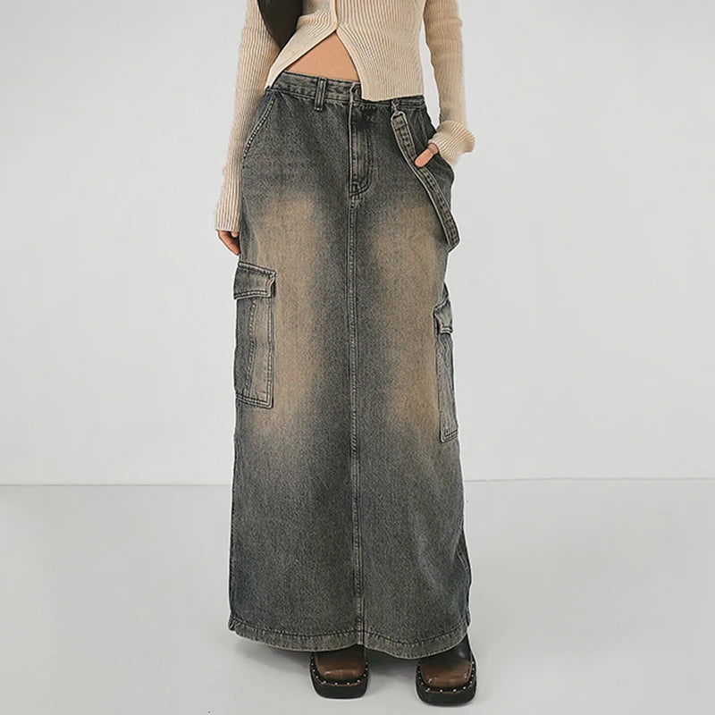 Y2K Side Strap Cargo Maxi Skirt - Grunge Aesthetic & Coquette Style