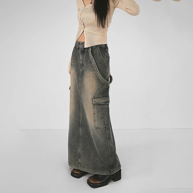 Y2K Side Strap Cargo Maxi Skirt - Grunge Aesthetic & Coquette Style