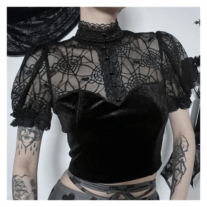 Y2K Spider Web Crop Top - Grunge Aesthetic Cute Top for Trendy Outfits