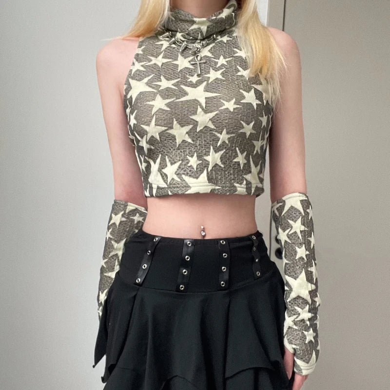 Y2K Star Embroidered Crop Top - Cute Pastel Goth & Grunge Aesthetic