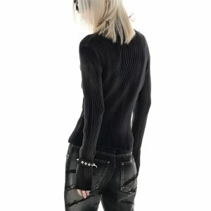 Y2K Star Long Sleeve Corduroy Sweater - Cute Tops for Grunge Aesthetic