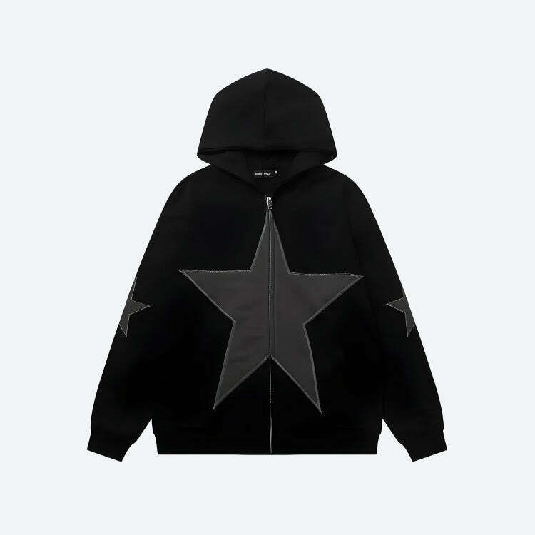 Y2K Star Patch Zip-Up Hoodie | Cute Tops for Coquette & Grunge Aesthetic