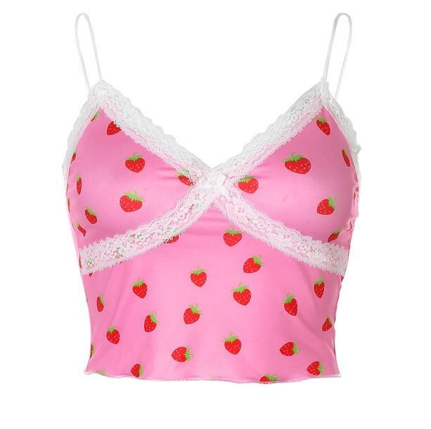 Y2K Strawberry Crop Top - Cute Pastel Goth & Coquette Aesthetic Style