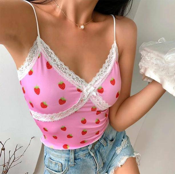 Y2K Strawberry Crop Top - Cute Pastel Goth & Coquette Aesthetic Style