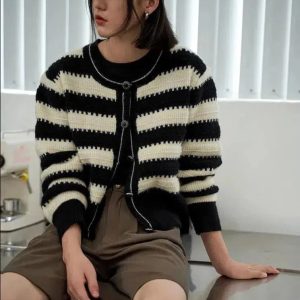 Y2K Striped Button Up Cardigan - Cute Tops for Coquette & Grunge Aesthetic