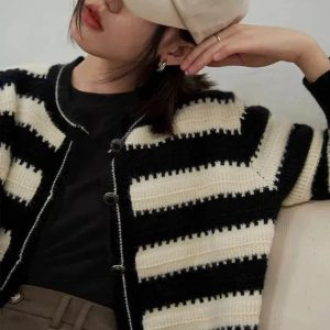 Y2K Striped Button Up Cardigan - Cute Tops for Coquette & Grunge Aesthetic