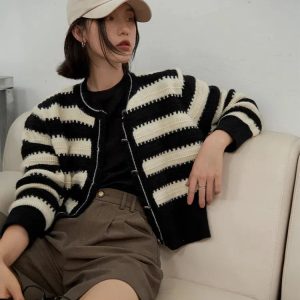 Y2K Striped Button Up Cardigan - Cute Tops for Coquette & Grunge Aesthetic