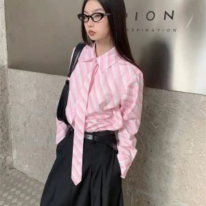 Y2K Striped Button-Up Shirt with Tie - Coquette & Grunge Aesthetic Top