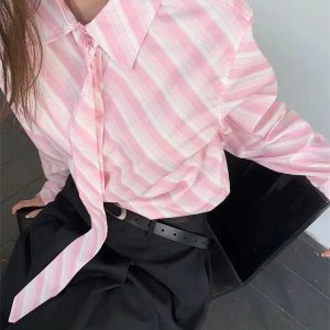 Y2K Striped Button-Up Shirt with Tie - Coquette & Grunge Aesthetic Top