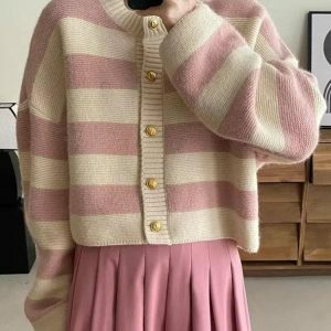 Y2K Striped Cardigan: Cute Tops for Coquette & Grunge Aesthetic Styles