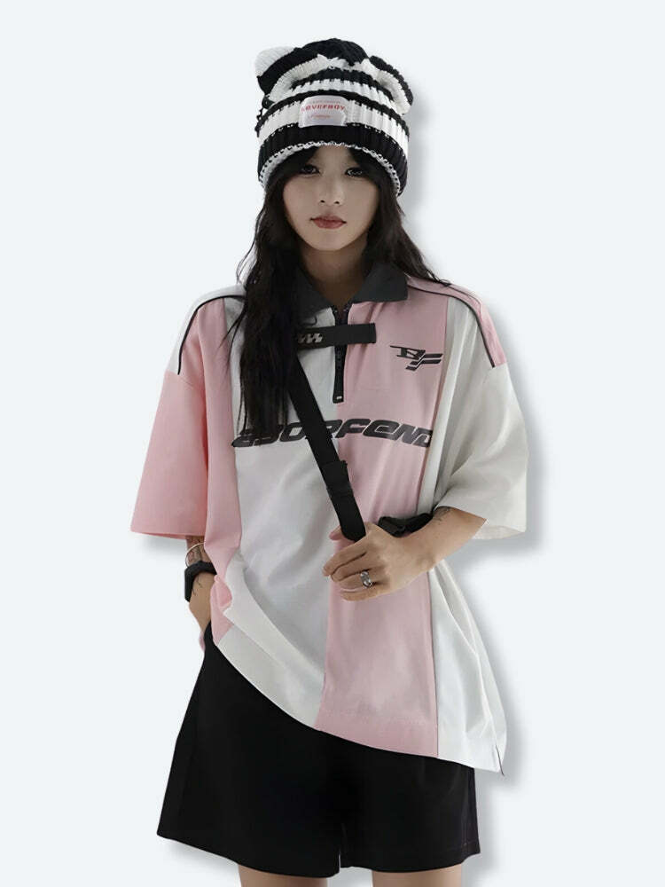 Y2K Striped Half Zip-Up Jersey Top - Cute Grunge Aesthetic Fashion