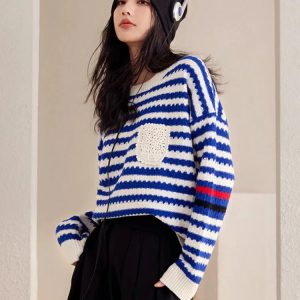 Y2K Striped Knitted Sweater - Cute Tops for Coquette & Grunge Aesthetic