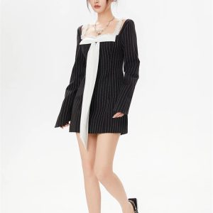 Y2K Striped Lace Bow Mini Dress - Cute Coquette & Grunge Aesthetic